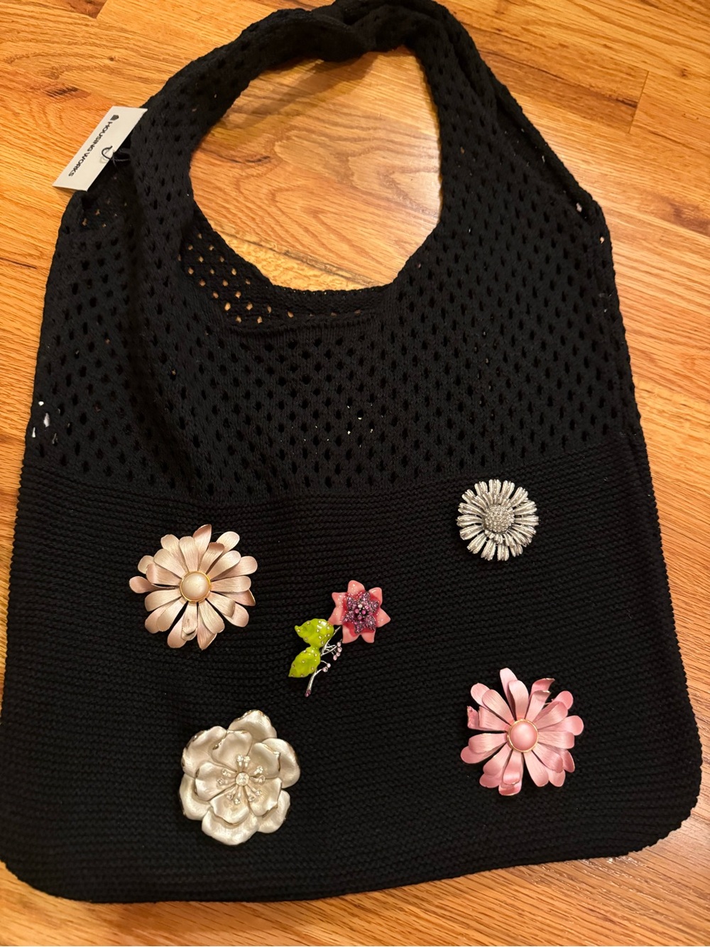 Vintage Floral Crochet Shoulder Bag w/ Coro & Enamel Brooches Boho set of 5